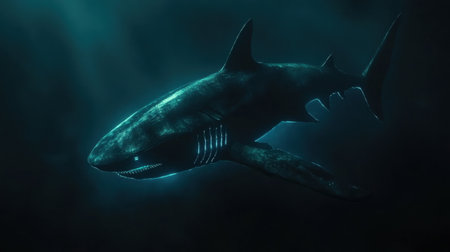 A stunning image of a shark swimming gracefully in the depths of the ocean, bathed in soft blue light. The serene atmosphere highlights the beauty of marine wildlife.の素材