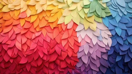 A stunning array of layered paper leaves showcasing a vibrant rainbow gradient. This colorful backdrop is perfect for art and craft projects, bringing warmth and joy.の素材