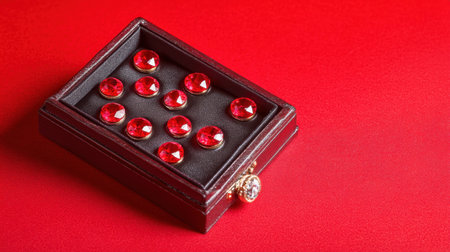 A stunning collection of red gemstones beautifully arranged in an elegant box, set against a vibrant red background, ideal for jewelry display.の素材