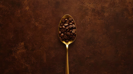 A close-up of a gold spoon filled with dark roasted coffee beans rests on a rich brown background, highlighting the inviting and luxurious essence of coffee culture.の素材