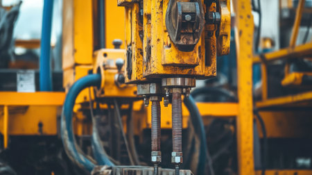 Close-up of industrial machinery highlighting hydraulic tools in a construction site. This image showcases the robust design and engineering used in heavy equipment.の素材