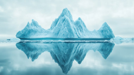 This stunning image captures a majestic iceberg rising from calm waters, showcasing its incredible reflection beneath an overcast sky. The natural beauty represents the Arctic's serene yet dramatic environment.の素材