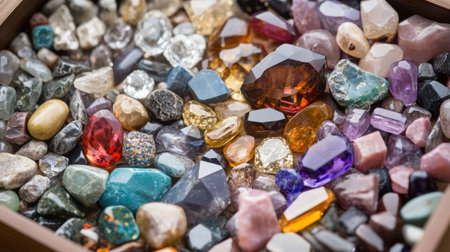 An exquisite assortment of colorful natural gems and stones nestled in a wooden box, showcasing a stunning array of shapes and colors that sparkle under natural light.の素材