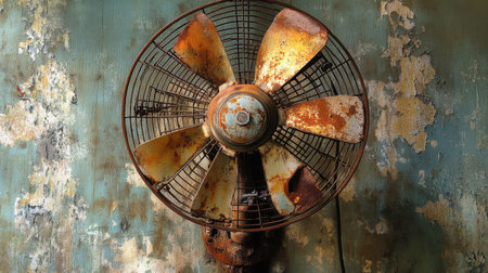 A captivating vintage metal fan showcasing rusty blades against a beautifully distressed blue and green wall. This image captures unique textures and nostalgic charm.の素材