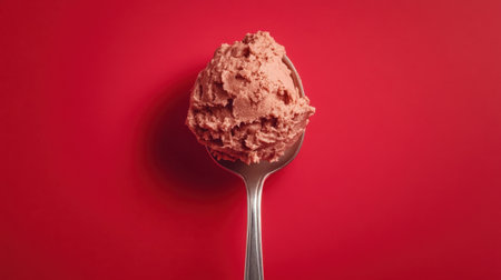A stunning image showcasing a perfectly scooped strawberry ice cream on a silver spoon, set against a bright red background. Ideal for food lovers.の素材