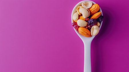 A vibrant spoon filled with an assortment of nuts and dried fruits, set against a bright pink background, perfect for promoting healthy snacking options.の素材