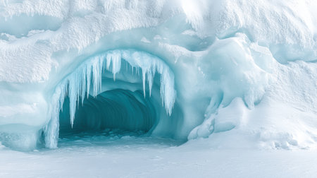 This stunning image captures the entrance of a frozen cavern adorned with sharp icicles and a serene blue glow, inviting exploration into a pristine winter wonderland.の素材