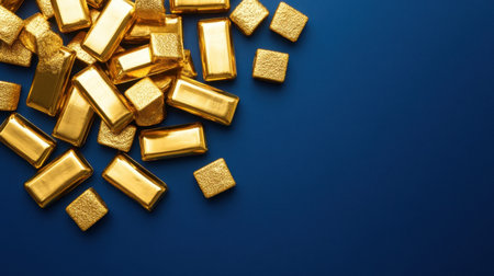 This image captures a luxurious scene of gleaming gold bars scattered on a dark blue surface, symbolizing wealth, luxury, and investment potential.の素材