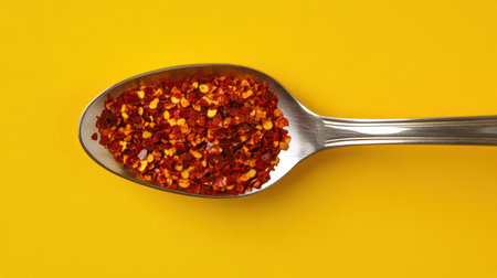 A vibrant and colorful close-up image featuring red chili flakes beautifully arranged in a silver spoon against a bright yellow backdrop, showcasing spice and culinary art.の素材