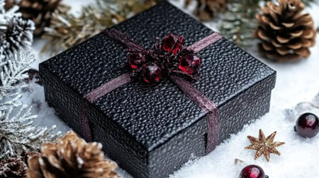 A beautifully wrapped black gift box, adorned with a decorative bow, nestled among pinecones and snow, perfect for seasonal celebrations and holiday cheer.の素材