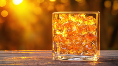 This captivating image showcases amber ice cubes nestled in a clear glass container, illuminated by warm sunlight, perfect for refreshing drinks.の素材