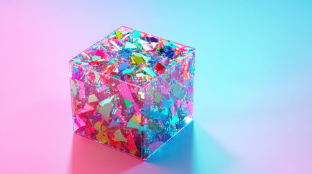 This vibrant abstract cube features colorful confetti-like elements set against a smooth gradient background, creating a playful and modern visual experience.の素材