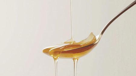A close-up of golden honey gracefully dripping from a spoon, set against a soft textured background. This image evokes sweetness and natural beauty, perfect for culinary and wellness projects.の素材