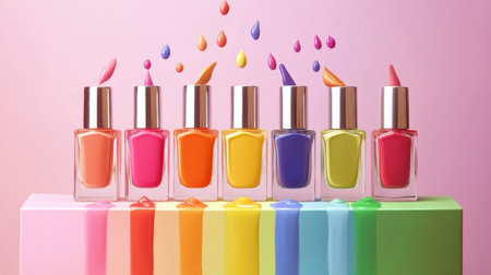 This image showcases an array of vibrant nail polish bottles lined up, featuring colorful drips against a soft pink background, evoking a playful and artistic vibe.の素材