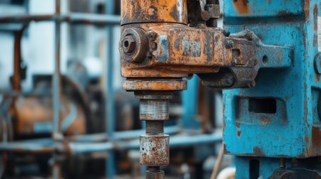 A close-up view of a rusty industrial mechanism, showcasing blue and orange coatings and signs of wear. This image highlights the details of machinery used in various manufacturing settings.の素材
