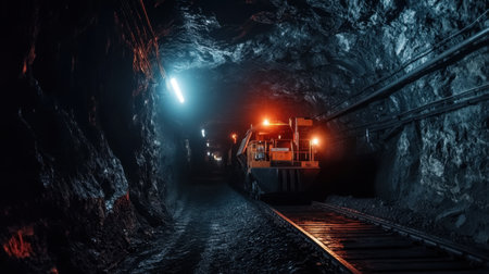 A captivating view of a dimly lit underground mine tunnel featuring heavy machinery, rugged surfaces, and industrial lighting that creates a dramatic atmosphere.の素材