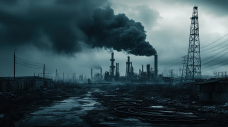 A dramatic industrial scene showcasing smokestacks emitting thick smoke against a cloudy sky, emphasizing environmental concerns and urban development.の素材