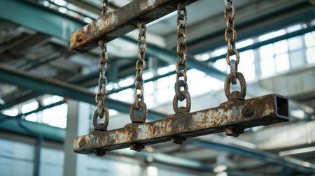 A close-up view of a rusty chain hoist suspended from the ceiling of an industrial warehouse. Natural light pours in through large windows, creating an intriguing play of shadows and highlighting the weathered texture of the metal. This image captures the essence of industrial machinery and the atmosphere of a working factory.の素材