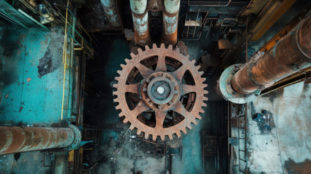 This stunning aerial view showcases a large rusty gear surrounded by towering industrial pipes in an abandoned factory. The composition highlights the intricate details of machinery from a bygone era.の素材