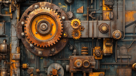 This captivating steampunk industrial background features intricate gears and pipes with a rusty orange and blue color palette, perfect for creative projects.の素材