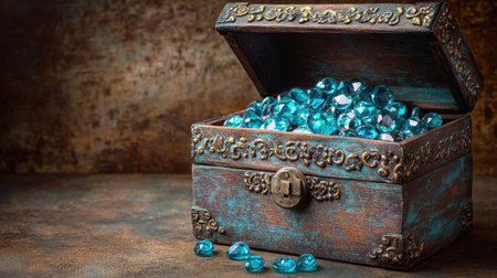 This captivating image features a vintage treasure chest overflowing with shimmering blue gemstones, set against a rustic background, evoking a sense of mystery and allure.の素材