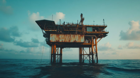 An offshore oil rig stands tall against a stunning sunset, highlighting modern industrial design amid the peaceful ocean waters, representing energy exploration.の素材