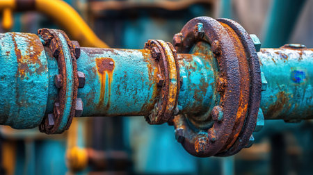 This close-up image highlights a rusty industrial pipe featuring flanges and corrosion, showcasing blue and orange tones. Perfect for themes in engineering and machinery.の素材