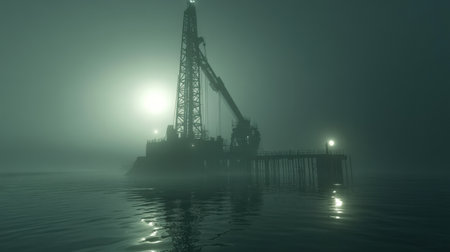 A stunning silhouette of an oil rig emerges from a thick fog under the soft glow of moonlight, casting reflections on a tranquil water surface.の素材