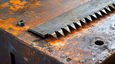 This image captures a close-up view of a rusty saw blade resting on an industrial workbench. The textured surface and grime reveal the wear of extensive use, highlighting the craftsmanship of metal tools in a workshop setting.の素材