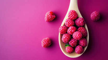 A close-up view of fresh raspberries spilling from a wooden spoon set against a vibrant purple background, perfect for food photography and healthy lifestyle themes.の素材