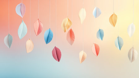 This captivating image features colorful leaves suspended against a soft gradient background, ideal for creative projects, branding, or decoration.の素材