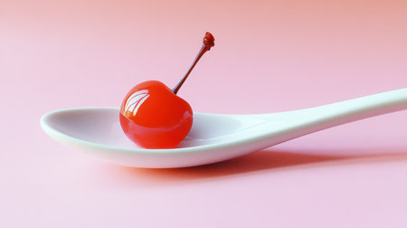 A single bright red cherry rests delicately on a sleek white spoon, set against a soft pink background, creating a harmonious and minimalistic composition.の素材