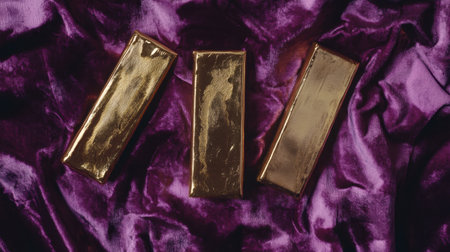 This striking image features three shiny gold bars arranged on a rich purple velvet fabric, creating a luxurious and elegant visual presentation. The composition highlights depth, texture, and vibrant color contrast, perfect for marketing materials or artistic displays.の素材