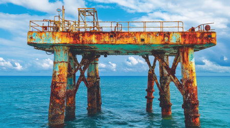 An abandoned metal pier rises from the clear blue ocean, showcasing intriguing rust patterns under a partly cloudy sky, evoking a sense of nostalgia.の素材