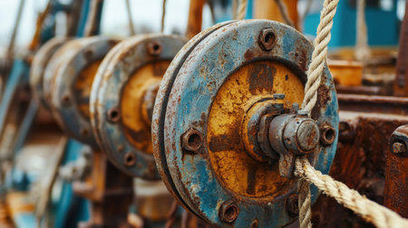 A close-up view of rusty industrial machinery featuring a gear mechanism with a rope, set against a shipyard backdrop, showcasing wear and history.の素材
