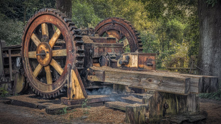 A striking image of vintage steam-powered machinery featuring rusty gears and wooden components set in a natural landscape, showcasing historical engineering.の素材