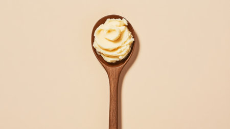 A beautiful wooden spoon holds a creamy swirl of butter, set against a soft beige background, ideal for culinary articles and food styling projects.の素材
