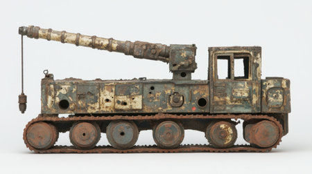 This vintage toy tank features a crane arm and exhibits rustic charm with its worn paint and patina. A perfect collectible for enthusiasts and nostalgic lovers.の素材
