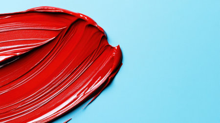 A close-up of a smooth and glossy red paint stroke on a soft light blue background. This vibrant and artistic image showcases creativity and color.の素材