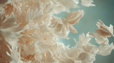 A captivating image of delicate white petals gently floating in a tranquil blue backdrop, evoking feelings of serenity and elegance. Perfect for nature-themed projects.の素材