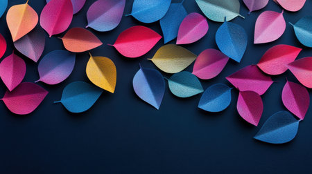 This vibrant image features an array of colorful paper leaves arranged beautifully against a dark background, offering a striking visual for creative projects.の素材
