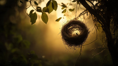 A beautiful bird nest gently suspended on a tree branch, illuminated by soft sunlight filtering through vibrant leaves, creating a tranquil atmosphere.の素材