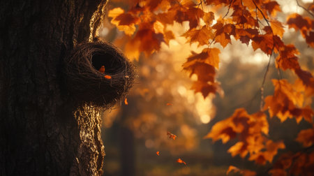 A picturesque autumn landscape showcasing a bird nest nestled in the trunk of a tree, surrounded by vibrant orange leaves. The warm light enhances the serene ambiance, creating a sense of calm in nature.の素材