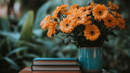 A beautiful arrangement of vibrant yellow flowers in a blue vase sits atop a stack of books, surrounded by lush greenery, evoking peace and beauty.の素材
