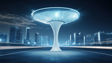 This stunning image captures a futuristic pavilion in a vibrant cityscape, showcasing modern architecture and ambient lighting against a night backdrop.の素材