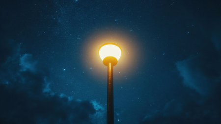 A glowing street lamp brightens the dark night sky, illuminating clouds and stars above. This serene scene captures the beauty of nighttime tranquility.の素材
