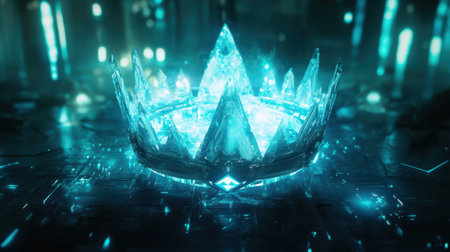 A stunning crystal crown featuring sharp spikes radiates an enchanting blue glow. The futuristic backdrop enhances its beauty, perfect for fantasy themes.の素材