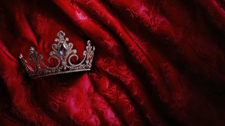 This image features an elegant silver crown adorned with gemstones, resting on a luxurious deep red fabric. The rich textures highlight a royal theme, perfect for celebrations.の素材