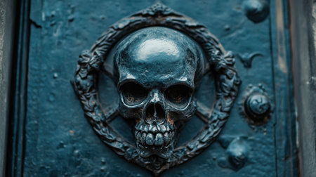 This captivating image showcases an intricately designed skull sculpture on a dark door surface, highlighting gothic architectural elements and evoking a sense of mystery.の素材