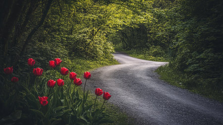 A tranquil pathway winds through lush green foliage, adorned with vibrant red tulips in bloom, inviting viewers to explore the serene beauty of nature.の素材